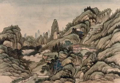 A Chinese landscape with green hills and small buildings