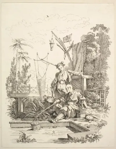 A Chinese Man and Woman Fishing by a Fishpond