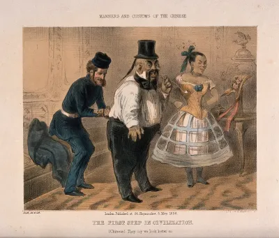 A Chinese man and woman having their first Western clothes fitted