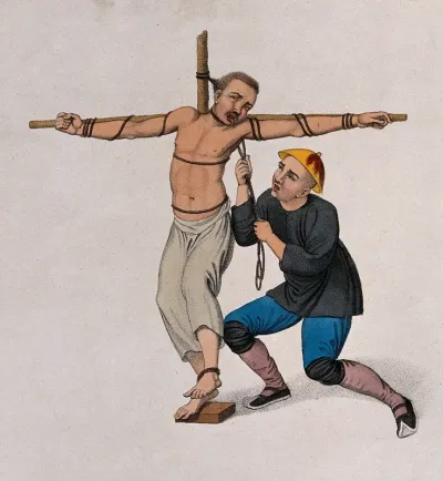 A Chinese man being garroted on a cross with a rope