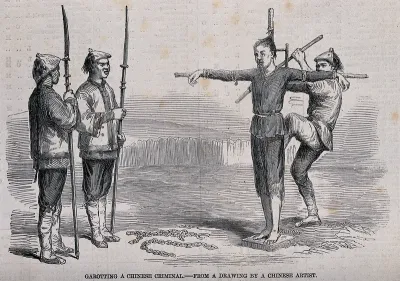 A Chinese man being garrotted attached to a cross; two guards watching him