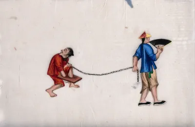 A Chinese man being punished with stocks (?): the man is shown walking with one arm and one leg encased in 'stocks', while another man leads him on a chain