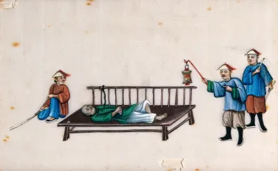 A Chinese man being subjected to torture while shackled to a bed or rack, surrounded by three torturers