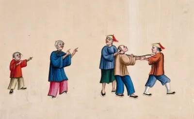A Chinese man being taken prisoner: a man is shown being led away by two other men, who pull on a chain attached to his neck, while a woman and child look on