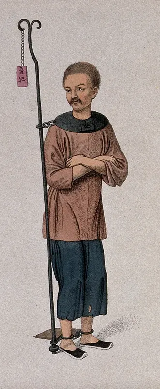 A Chinese man is attached by the neck and the ankles to a metal rod