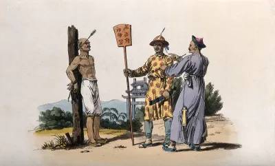 A Chinese man is bound to a pole, has had an arrow shot through his ear as a punishment for insolence to a superior; a Chinese man holding a sign describing the crime; and a mandarin reproving the culprit