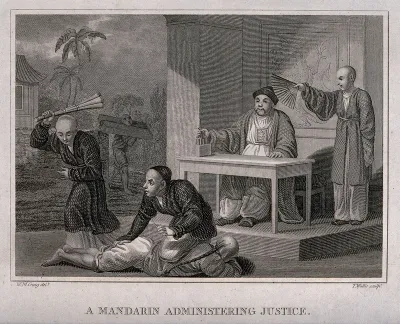 A Chinese man lying on the ground is being scourged by order of a magistrate and his clerk; a man carrying the cangue around his neck as a punishment walks past