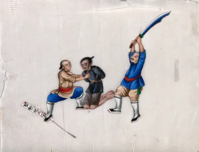 A Chinese man preparing to be executed by decapitation: the man is shown being made to kneel on the ground, while the executioner raises his sword