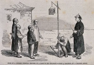 A Chinese man's head after garrotting exposed in a wooden cage hanging from a pole; his four children standing in front of it