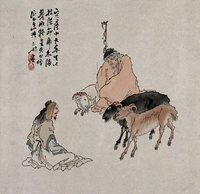 A Chinese man sits next to three goats in conversation with another man