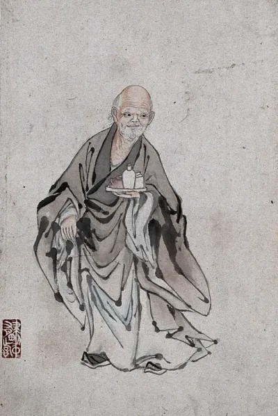 A Chinese man standing holding three vessels on a tray