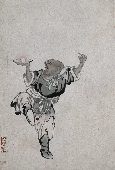 A Chinese man standing on one leg holding an egg or cake in a bowl