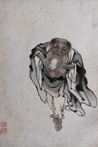 A Chinese man standing revealing a portrait of a man within his chest