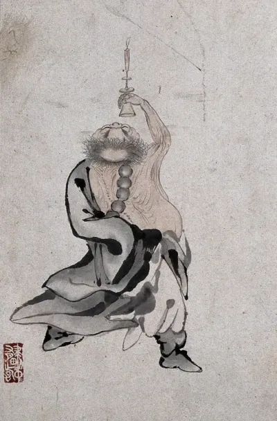 A Chinese man standing, seen from behind holding a candle above his head
