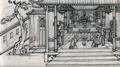 A Chinese man taking an oath before a shrine to the god Paak-tai, while another man prepares to decapitate a cock