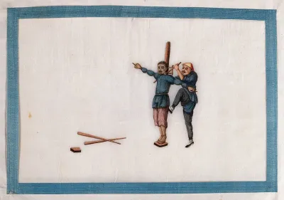 A Chinese man tortures a prisoner bound at the stake