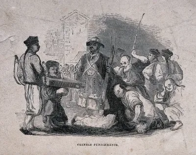 A Chinese man wearing a cangue (portable pillory) and a Chinese man lying on the ground, being whipped