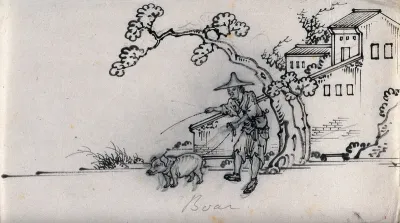 A Chinese man with a boar on a lead