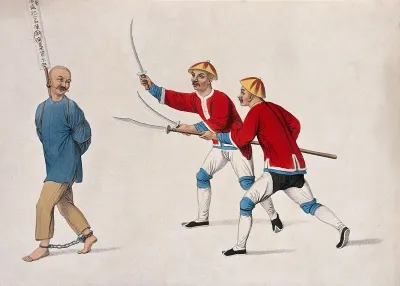 A Chinese man with bound feet being led to execution by two Chinese men holding swords