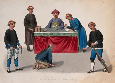 A Chinese man with bound hands, surrounded by a guard holding a chain and a guard holding a stick, is kneeling before a magistrate seated at his desk and his two assistants