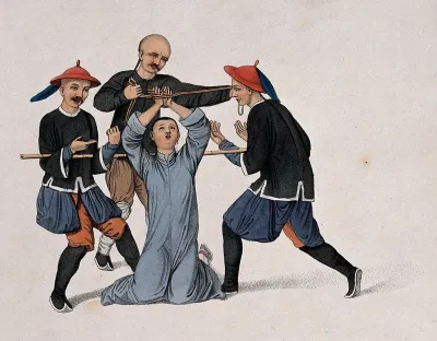 A Chinese man with his hands bound in a wooden grid, kneeling on the ground, is tortured by two men holding a long stick and a man with a rope