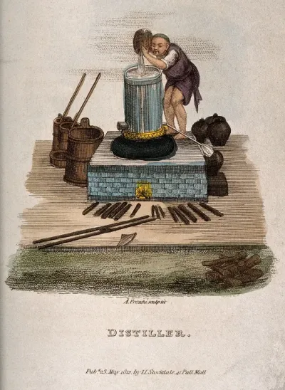 A Chinese (?) man working with distilling apparatus