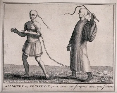 A Chinese monk having been found with a woman has his neck pierced with a chain and is whipped by another monk when he touches his neck