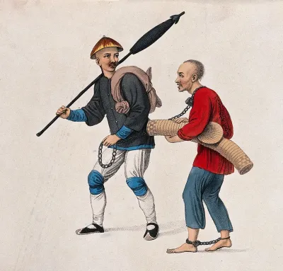 A Chinese officer is holding a prisoner by his chain and leading him away into exile