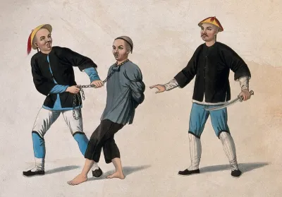 A Chinese officer is leading a prisoner away while a second officer holding a sword is standing behind him