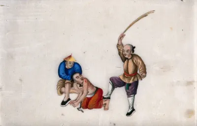A Chinese prisoner being subjected to a flogging: the prisoner is shown being held in a kneeling position by one man, while another administers lashes to his back