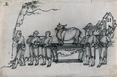 A Chinese procession in honour of the god of spring, incorporating a sacred buffalo
