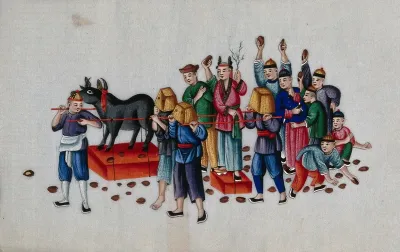 A Chinese procession with a donkey and people with baskets on their heads