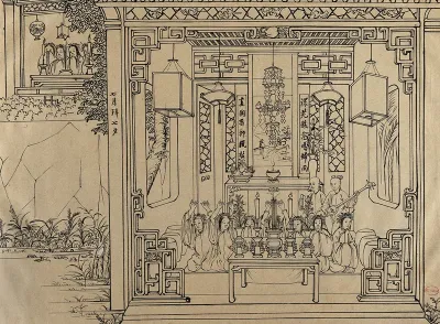 A Chinese religious ceremony with seven women kneeling on the ground