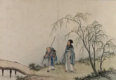 A Chinese sage, in conversation with a traveller on the road