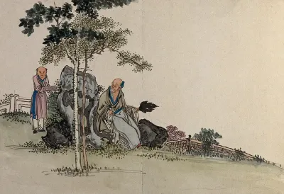 A Chinese sage is offered food in a garden