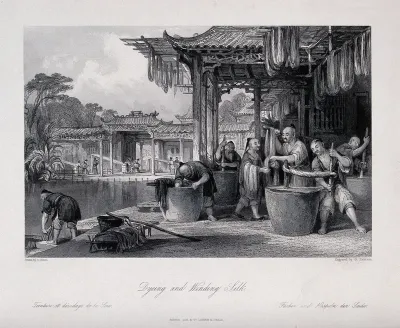 A Chinese silk manufactory: workers dyeing and winding the silk