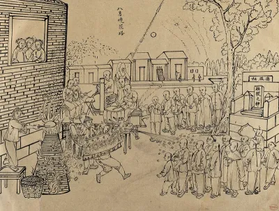 A Chinese street show with fireworks and dragon costumes