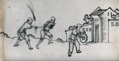 A Chinese thief being flogged and forced to walk through the streets, while a man walks in front of him, hitting a gong