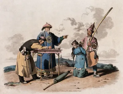A Chinese woman about to be beaten with a wooden rod as a judicial punishment
