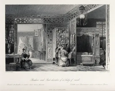 A Chinese woman at her toilet being attended to by a maidservant, to the left another servant plays music