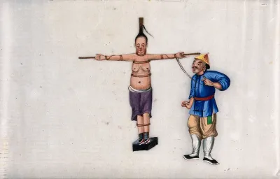 A Chinese woman being subjected to torture while tied to a cross: blood is seen ematating from the woman's eyes and mouth and her torturer is shown standing besided her