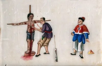 A Chinese woman being subjected to torture while tied to a cross: the woman's torturer is shown using a knife to cut open her abdomen, arms and face, while a formally-dressed man looks on