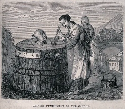 A Chinese woman carrying a baby on her back is feeding her husband who is imprisoned in a circular pillory