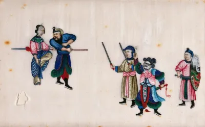 A Chinese woman in formal dress, shown standing with four armed male figures, one of whom is wearing a mask