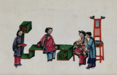 A Chinese woman suckles her child in the presence of three other women