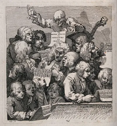 A choir of men and boys rehearsing a performance of an oratorio