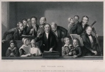 A choir of men and boys singing and playing musical instruments