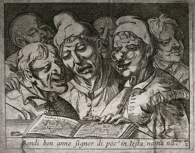 A choir of six grotesque people singing from a songbook open on a shelf