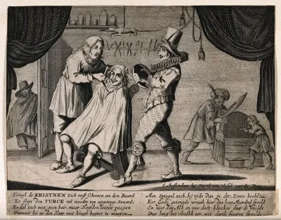 A Christian man being shaved while a Turk sharpens his scimitar on a whetstone behind; representing the exposure of Europe to a Turkish invader