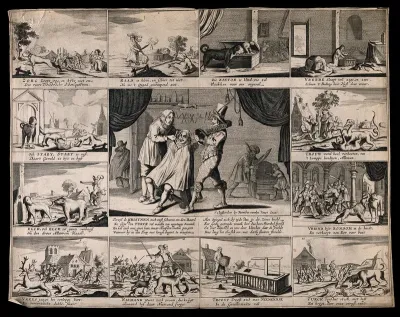 A Christian man being shaved while a Turk sharpens his scimitar on a whetstone behind, surrounded by representations of virtues and proverbs; representing the exposure of Europe to a Turkish invader